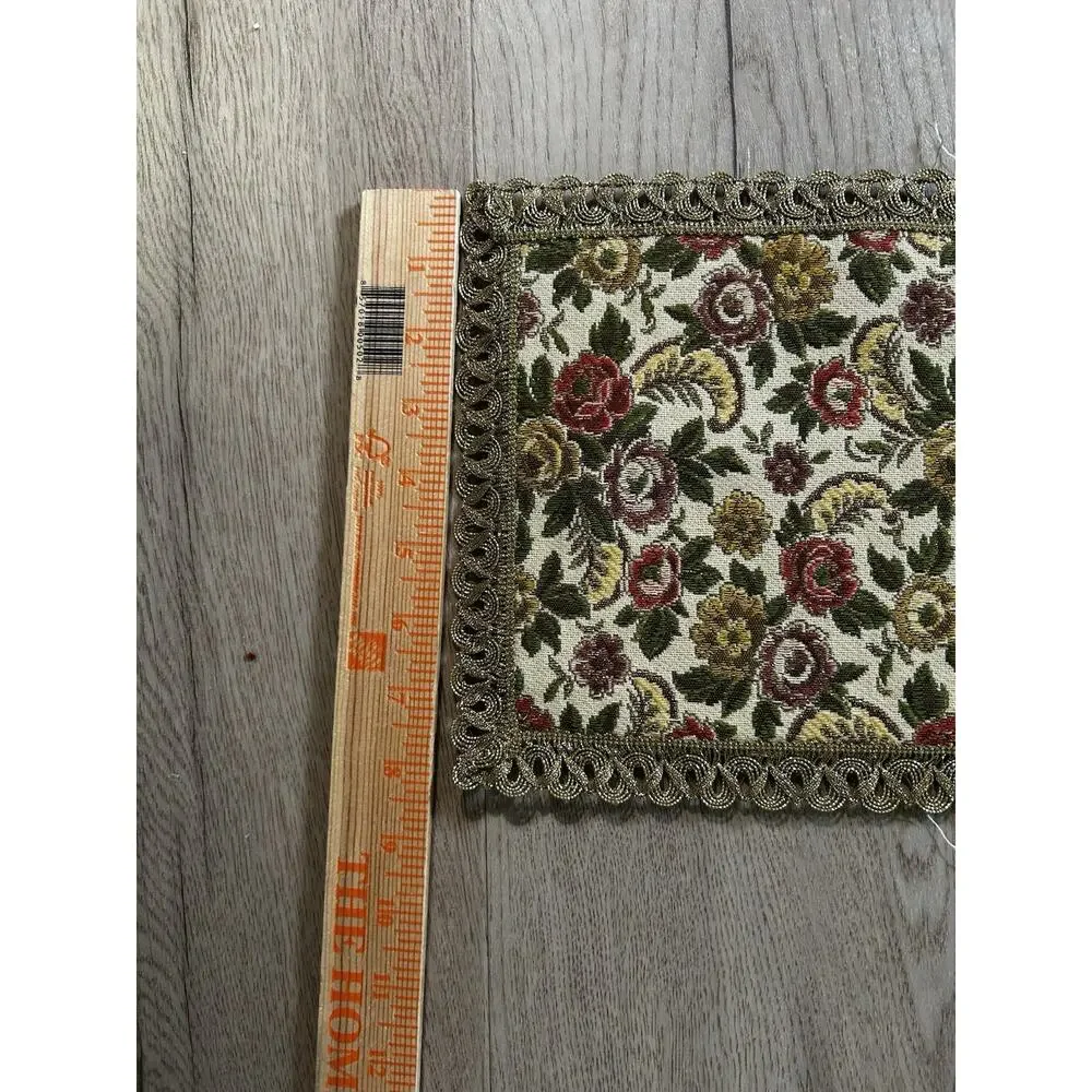 Square Floral Fabric Placemat Green/Gold/Red/Beige with Gold Fringe Trim